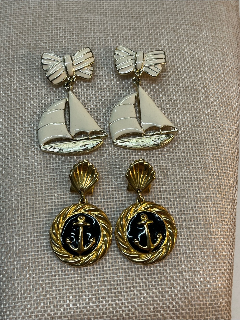 Gold & Cream Sailboat and Navy Anchor Drop Earrings - Nautical Statement